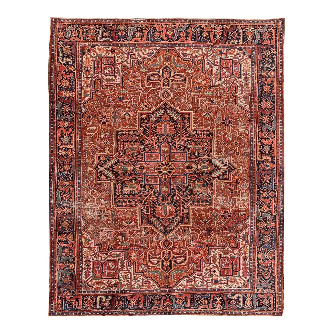 Vintage Persian Heriz Hand-Knotted Wool Rug 9'5 x 11'3 Rust Blue Medallion: Vintage Persian Heriz Hand-Knotted Wool Rug 9'5 x 11'3 Rust Blue Medallion Enhance your space with this stunning vintage Persian Heriz hand-knotted wool rug, characterized by a rich rust-colored field