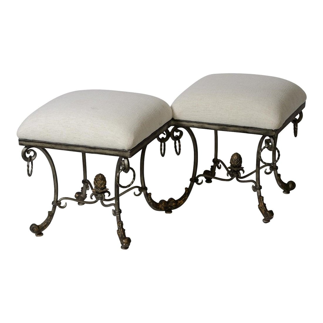 Italian Baroque Silver Gilt Wrought Iron Tete a Tete Double Stool with White Linen: Italian Baroque Silver Gilt Wrought Iron Tete a Tete Double Stool with White Linen This Italian Baroque-style double stool features a scrolled base crafted from wrought iron with a silver and gilt fin