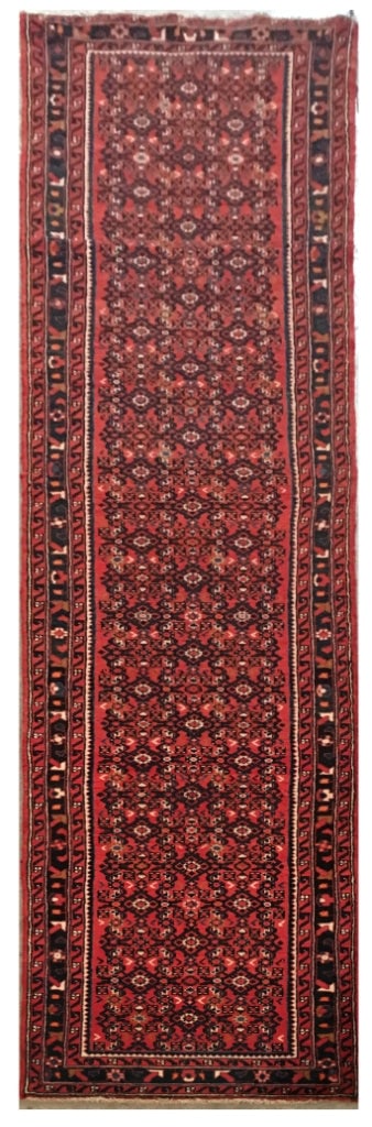 3.1 x 12.6 Handcrafted Brick Red Persian Hamadan Runner Rug: 3.1 x 12.6 Handcrafted Brick Red Persian Hamadan Runner Rug Free continental US Shipping Enhance your space with this exquisite 3.1 x 12.6 Persian Hamadan Runner Rug, handcrafted by skilled artisans i