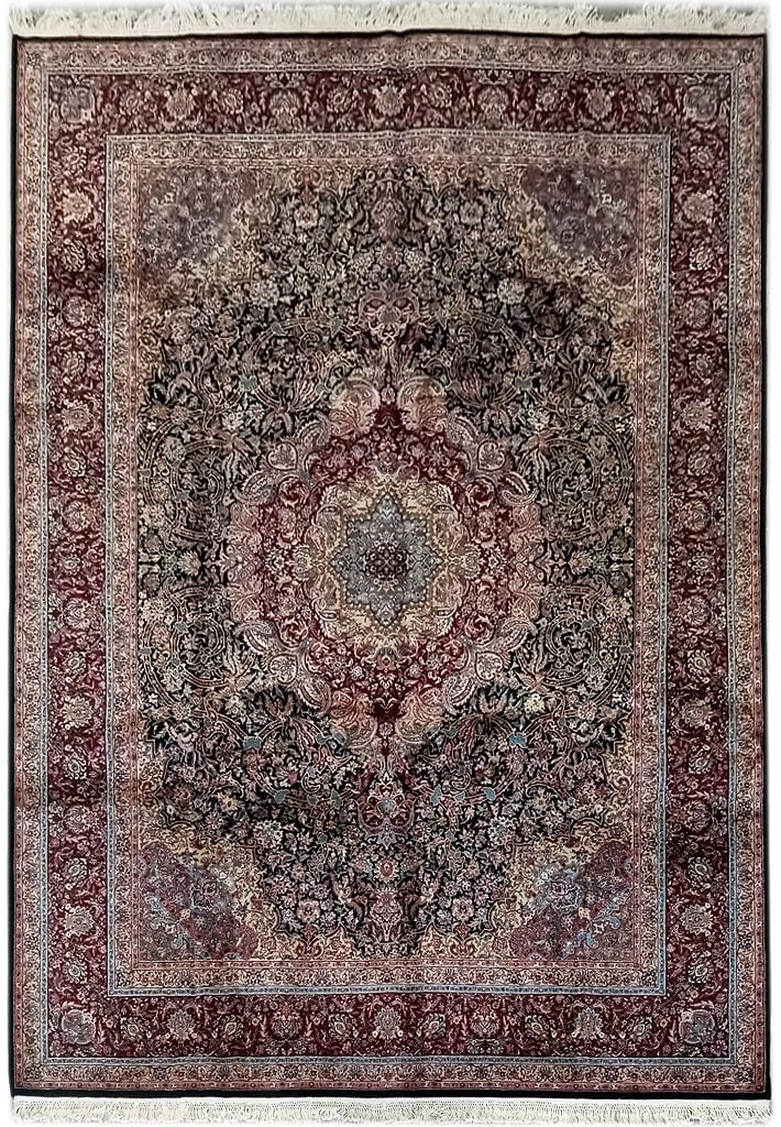 8.6 x 11.8 Handcrafted Indian Tabriz Rug Wool Silk Black Burgundy: 8.6 x 11.8 Handcrafted Indian Tabriz Rug Wool Silk Black Burgundy Free continental US Shipping Experience the exquisite beauty and timeless elegance of this handcrafted 8.6 x 11.8 Indian Tabriz rug, a