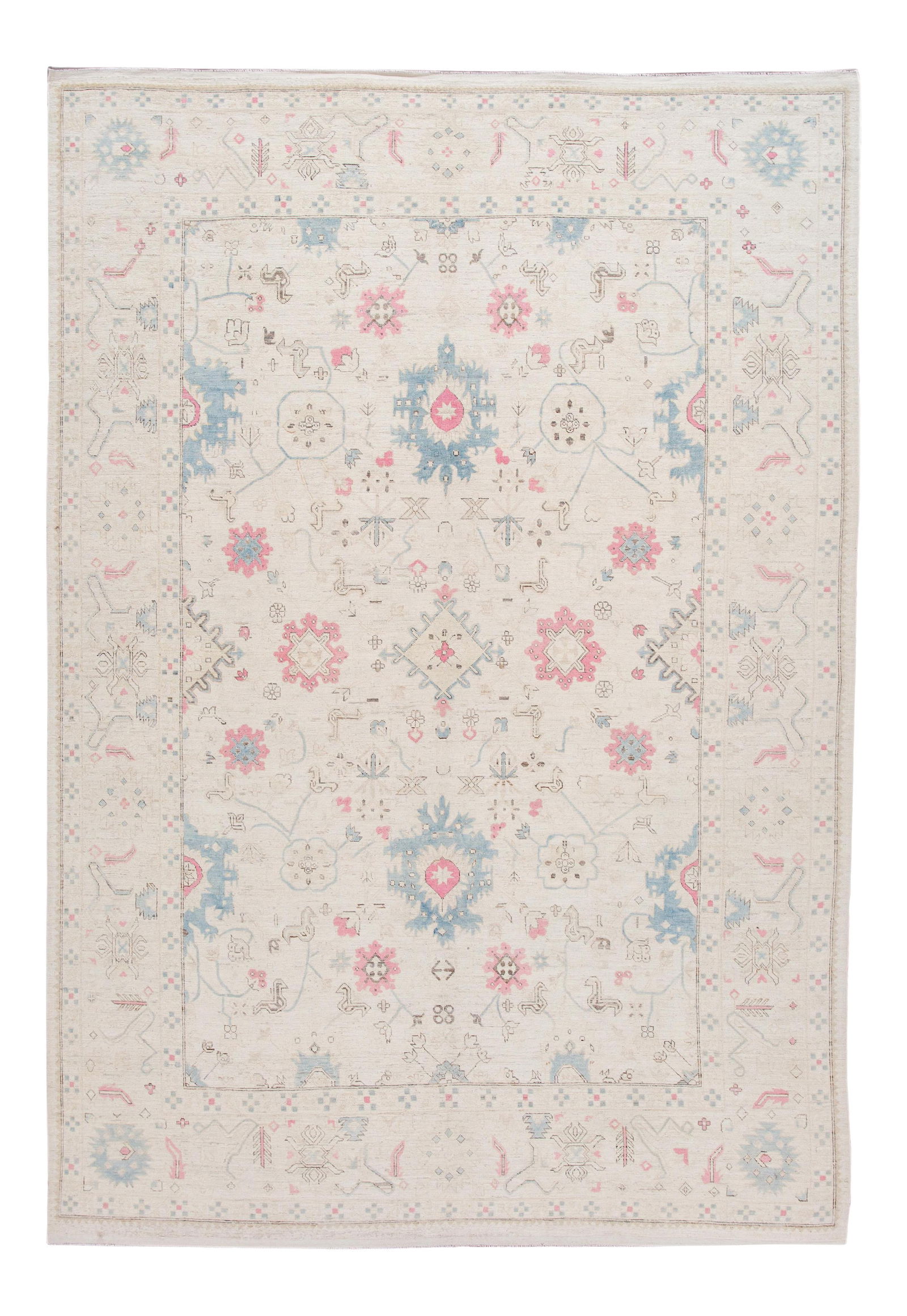 Exquisite Modern Hand-Knotted Khotan Wool Rug 8'9 x 13'1 Ivory Floral: Exquisite Modern Hand-Knotted Khotan Wool Rug 8'9 x 13'1 Ivory Floral This stunning hand-knotted Modern Afghan Khotan wool rug features a beautiful ivory field adorned with intricate blue and red flor