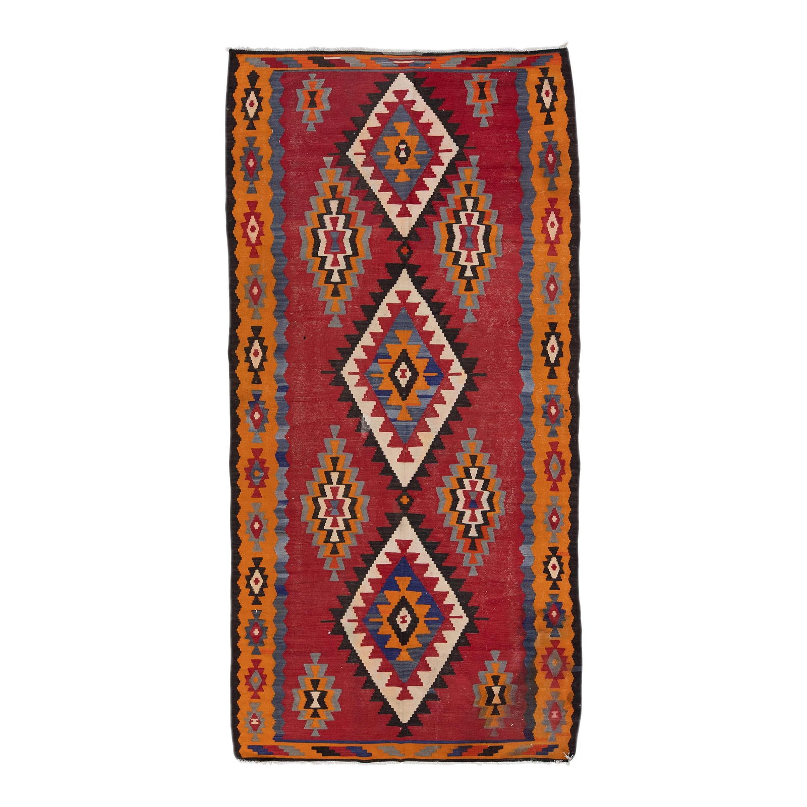 1960s Handmade Vintage Turkish Kilim Wool Rug Red Tribal Design: 1960s Handmade Vintage Turkish Kilim Wool Rug Red Tribal Design This stunning vintage Turkish Kilim rug showcases a vibrant red field, beautifully complemented by an orange frame and multicolor accent