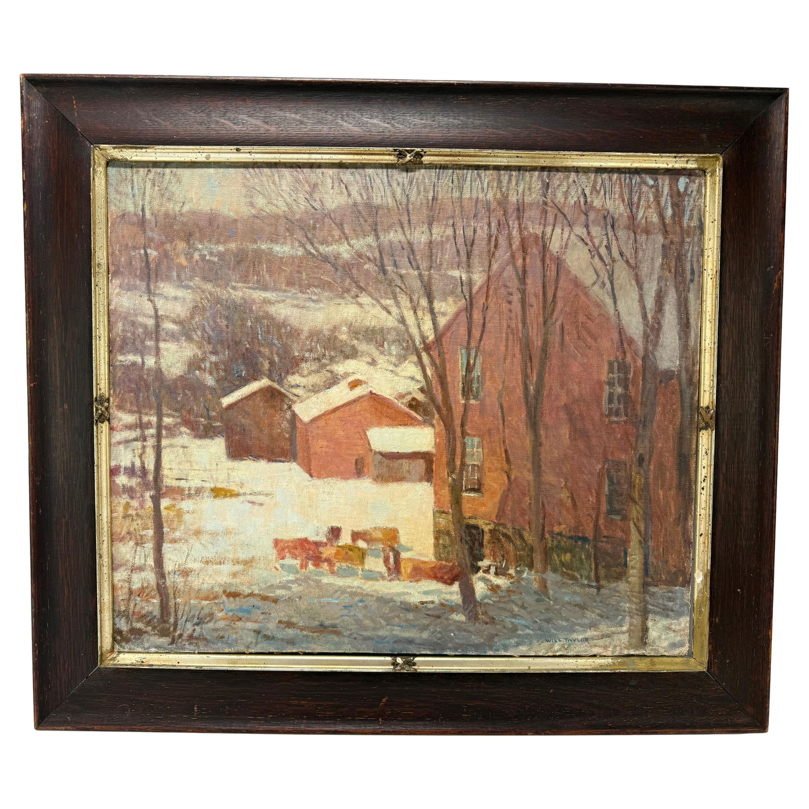Will Taylor Impressionist Oil Painting New England Cows in Snow 30 x 26.25: Will Taylor Impressionist Oil Painting New England Cows in Snow 30 x 26.25 This stunning oil painting by Will Taylor showcases a serene New England winter scene, featuring a small herd of cows grazing