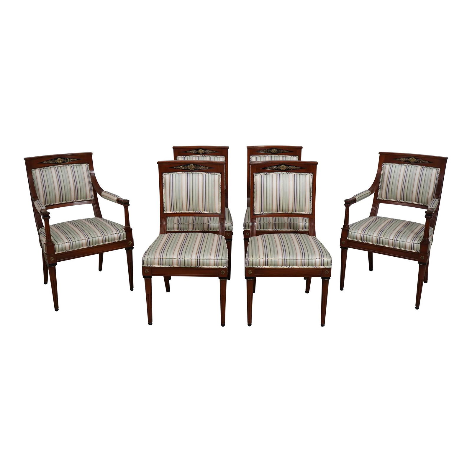 Set of 6 Vintage French Empire Cherry Dining Chairs with Ormolu Accents: Set of 6 Vintage French Empire Cherry Dining Chairs with Ormolu Accents Enhance your dining experience with this exquisite set of 6 French Empire cherry dining room chairs. Crafted with exceptional qu
