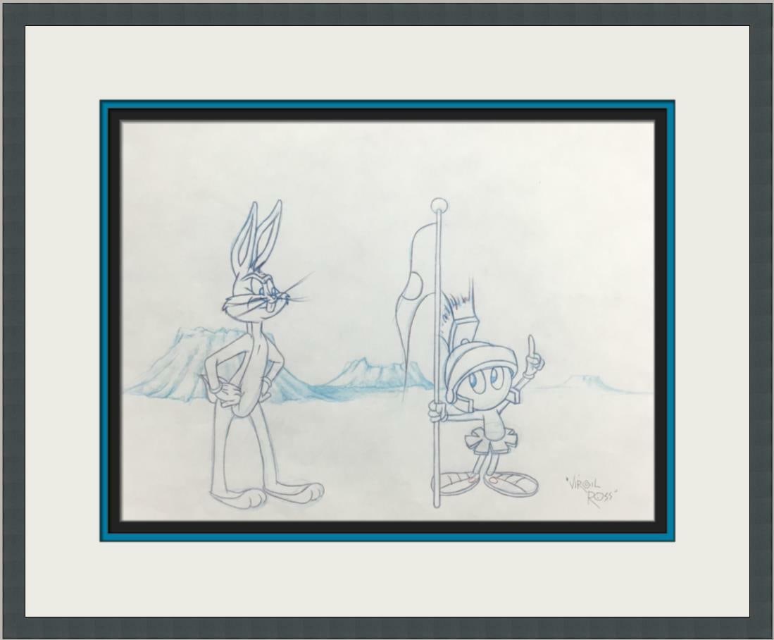 Bugs Bunny Marvin Martian Original Signed Production Drawing by Virgil Ross: Bugs Bunny Marvin Martian Original Signed Production Drawing by Virgil Ross This original concept production drawing features iconic characters Bugs Bunny and Marvin the Martian, masterfully illustrat