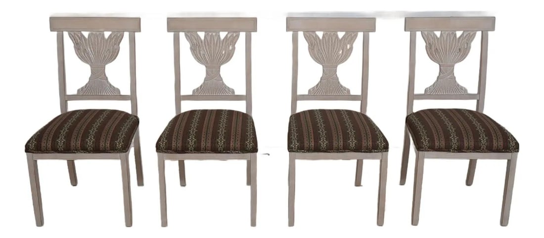 Set of 4 White Wash Wheat Carved Back Dining Chairs: Set of 4 White Wash Wheat Carved Back Dining Chairs Enhance your dining experience with this exquisite set of 4 Wheat Carved Back Dining Room Chairs. Crafted with fine details and quality construction