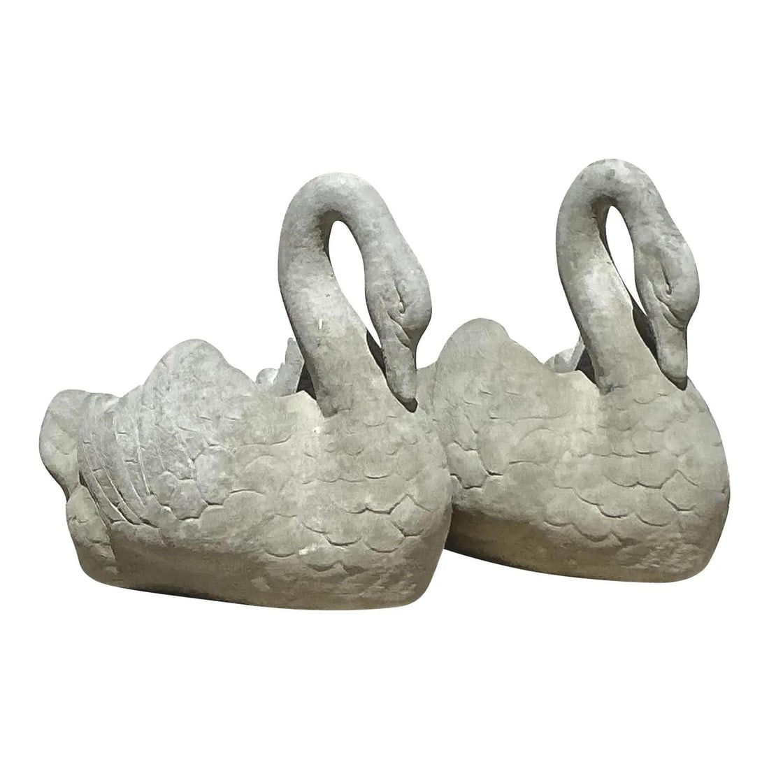 Majestic Vintage Cast Stone Swan Planters Pair: Majestic Vintage Cast Stone Swan Planters Pair Enhance your home or garden with this exquisite pair of vintage Regency cast stone swan planters. Each swan features a gracefully curved neck and intrica