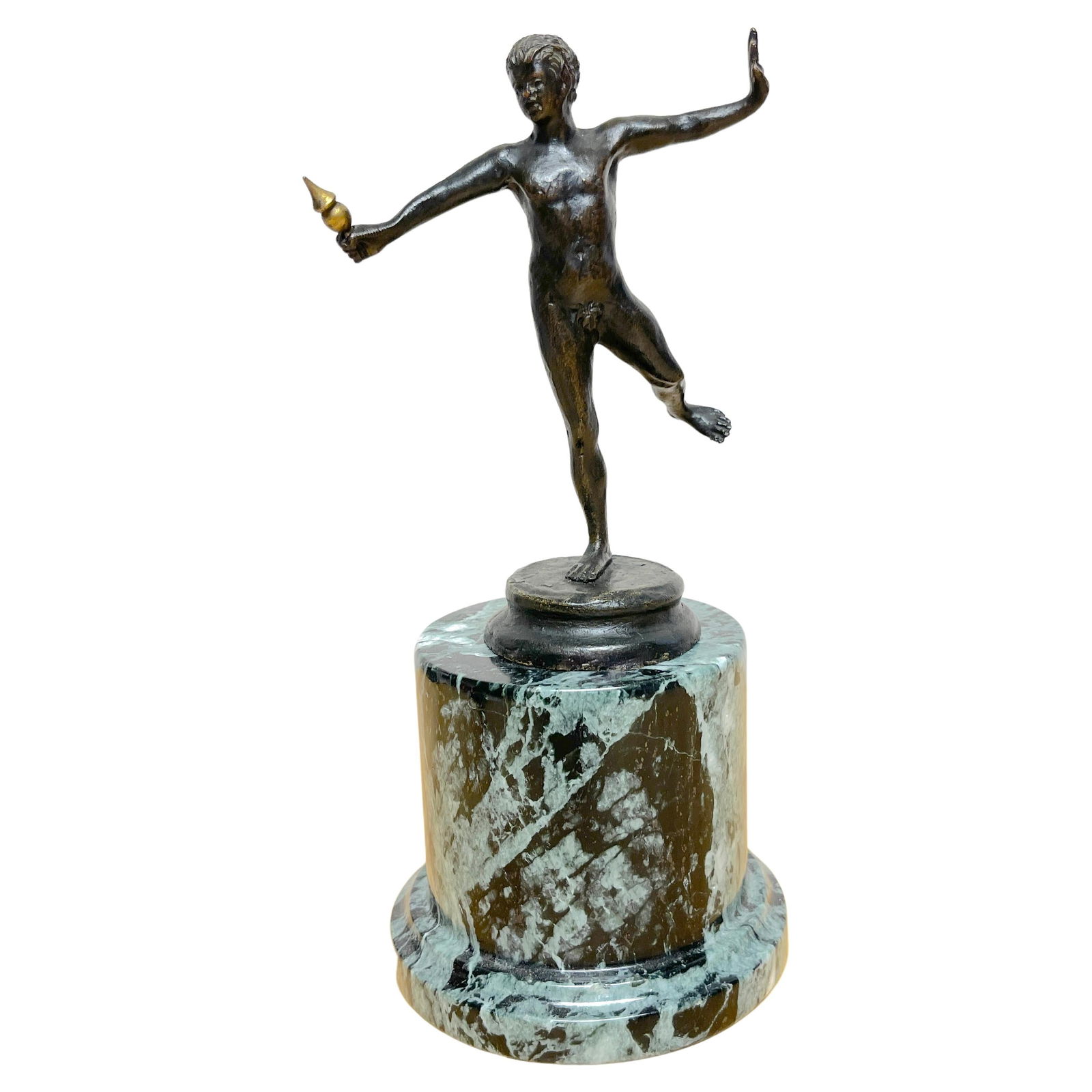 Grand Tour Bronze Balancing Faun Sculpture on Marble Pedestal Set of 2: Grand Tour Bronze Balancing Faun Sculpture on Marble Pedestal Set of 2 This exquisite Diminutive Grand Tour bronze sculpture, titled 'Balancing Faun,' features a remarkable depiction of a nude faun po