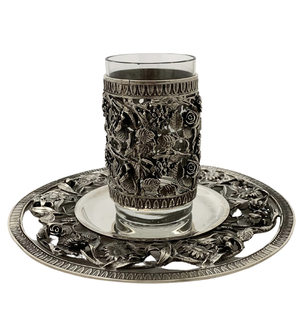 Handmade Italian 925 Sterling Silver Floral Cup and Tray Set (1 of 4)