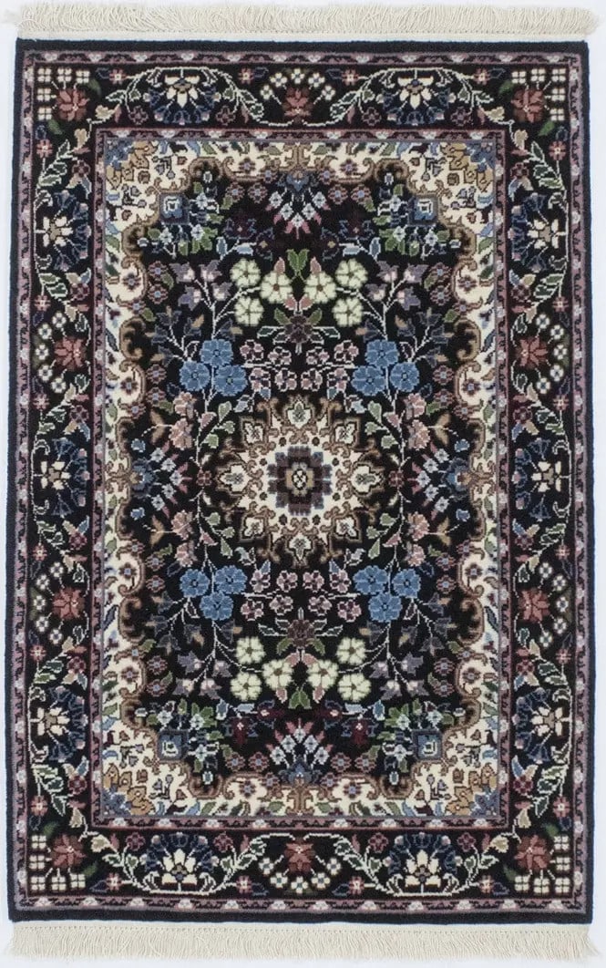Hand-Knotted Wool Area Rug Floral Design Black 2'7 x 3'10 (1 of 15)