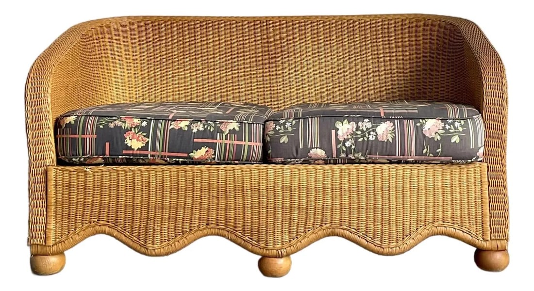 Woven Rattan Loveseat with Floral Cushions Bohemian Style by Ficks Reed (1 of 7)