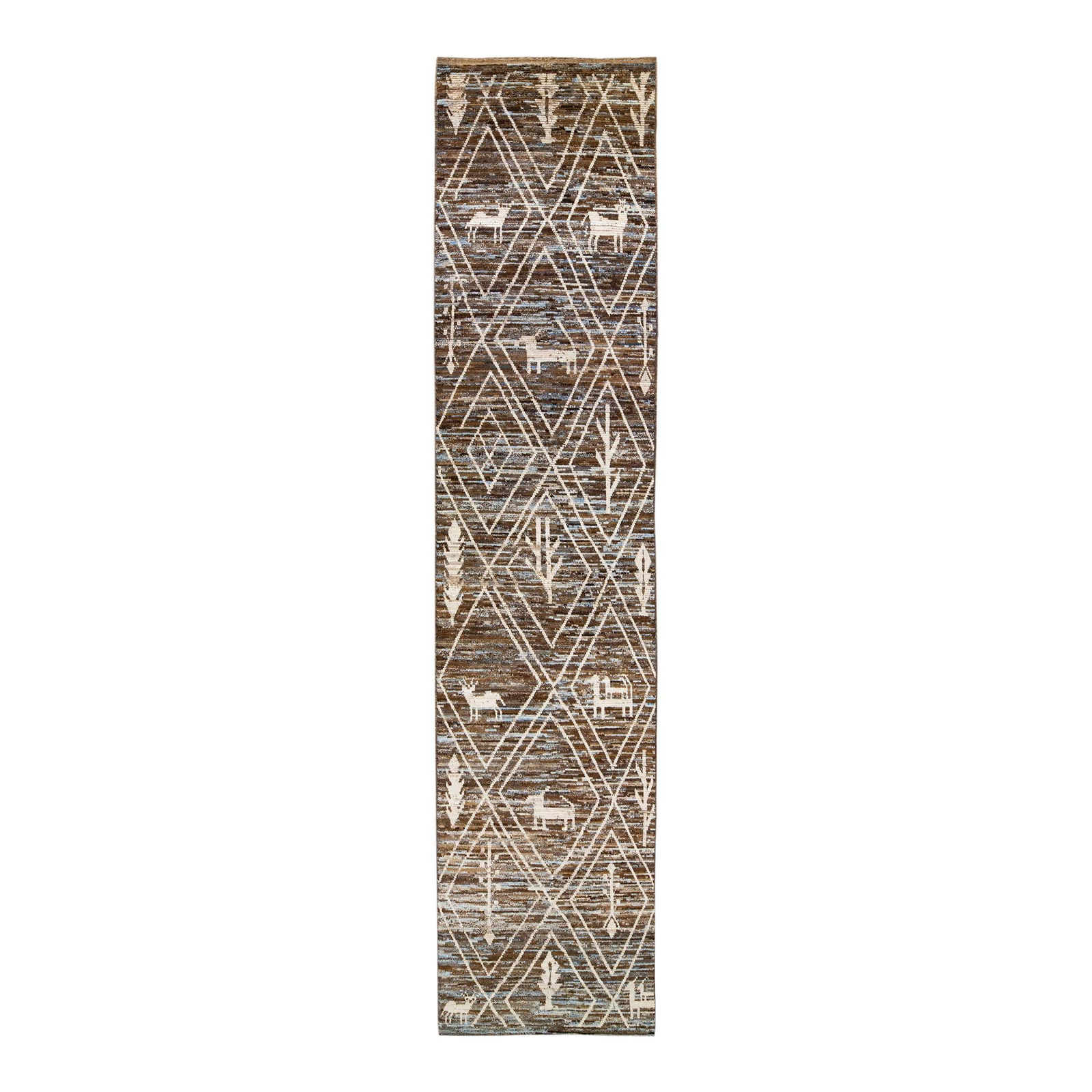 Handmade Moroccan Wool Runner 4'3" x 18'10" Tribal Design: Handmade Moroccan Wool Runner 4'3" x 18'10" Tribal Design Enhance your living space with this stunning Modern Moroccan-style handmade wool runner. Featuring a captivating brown and blue field, this
