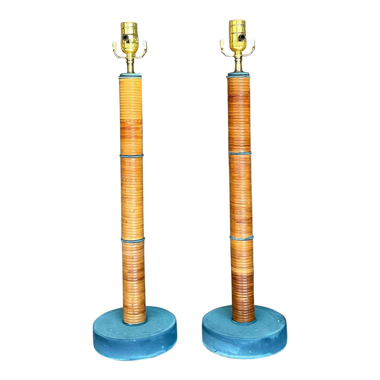 Vintage Coastal Wrapped Pencil Reed Column Lamps Pair 26.5" Tall: Vintage Coastal Wrapped Pencil Reed Column Lamps Pair 26.5" Tall Elevate your home decor with this stunning pair of vintage coastal-inspired wrapped pencil reed column lamps. Crafted with a blend of