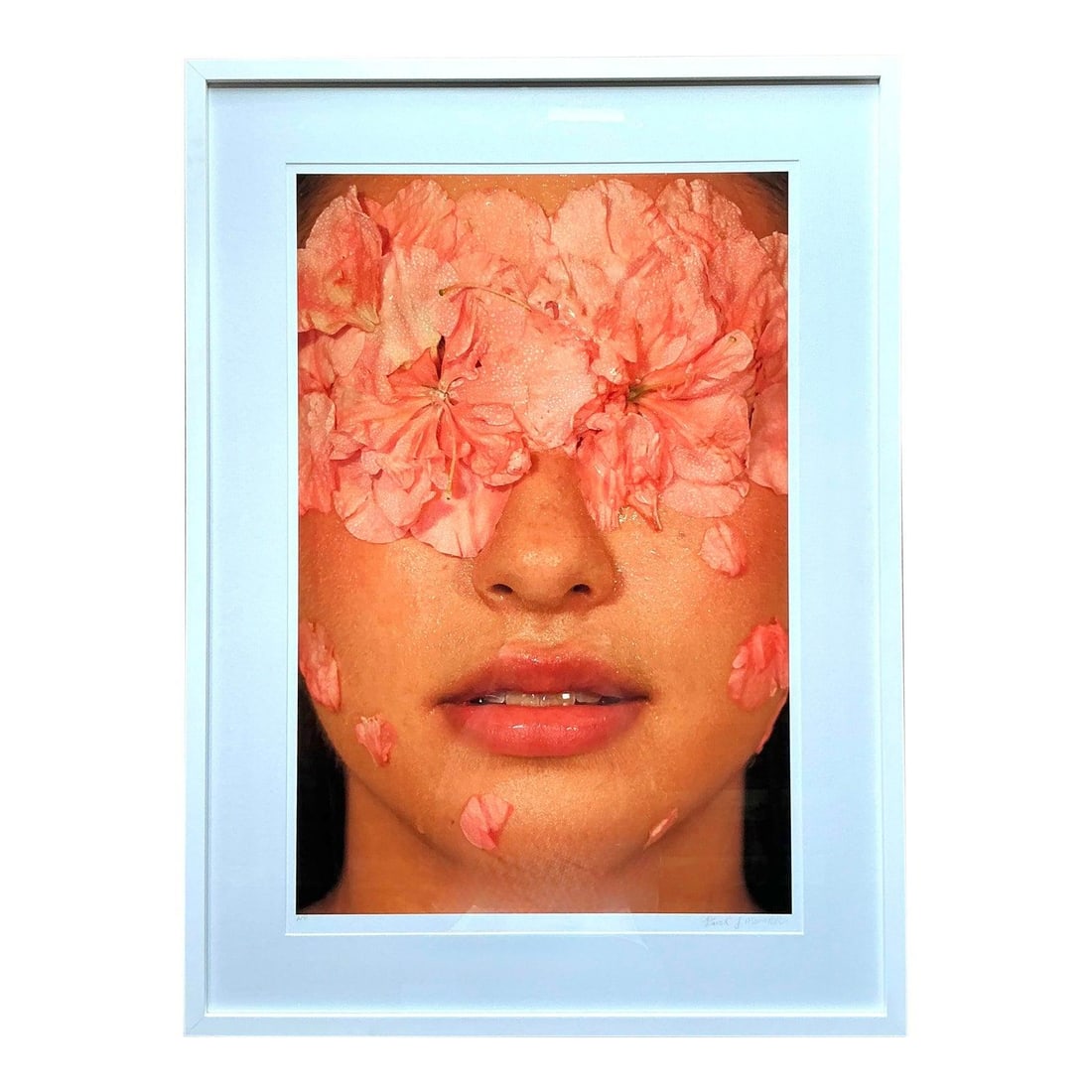 Large Framed Contemporary Floral Portrait Photograph Signed on Bright Rag Paper: Large Framed Contemporary Floral Portrait Photograph Signed on Bright Rag Paper This large-format fine art print showcases contemporary photography with a close-up portrait, where delicate pink flower