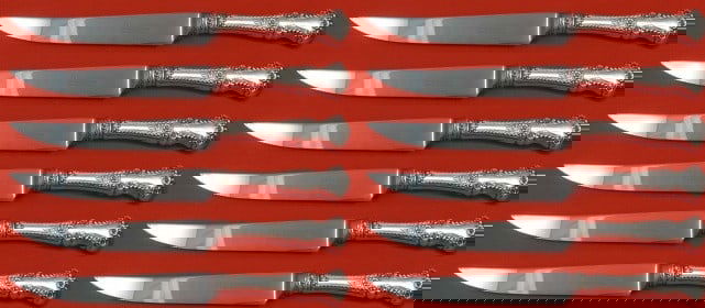 Gorham Cambridge Sterling Silver Steak Knife Set 12 Pieces 8.5 Inch: Gorham Cambridge Sterling Silver Steak Knife Set 12 Pieces 8.5 Inch This exquisite set of 12 Cambridge steak knives by Gorham features a luxurious sterling silver hollow handle complemented by a stain