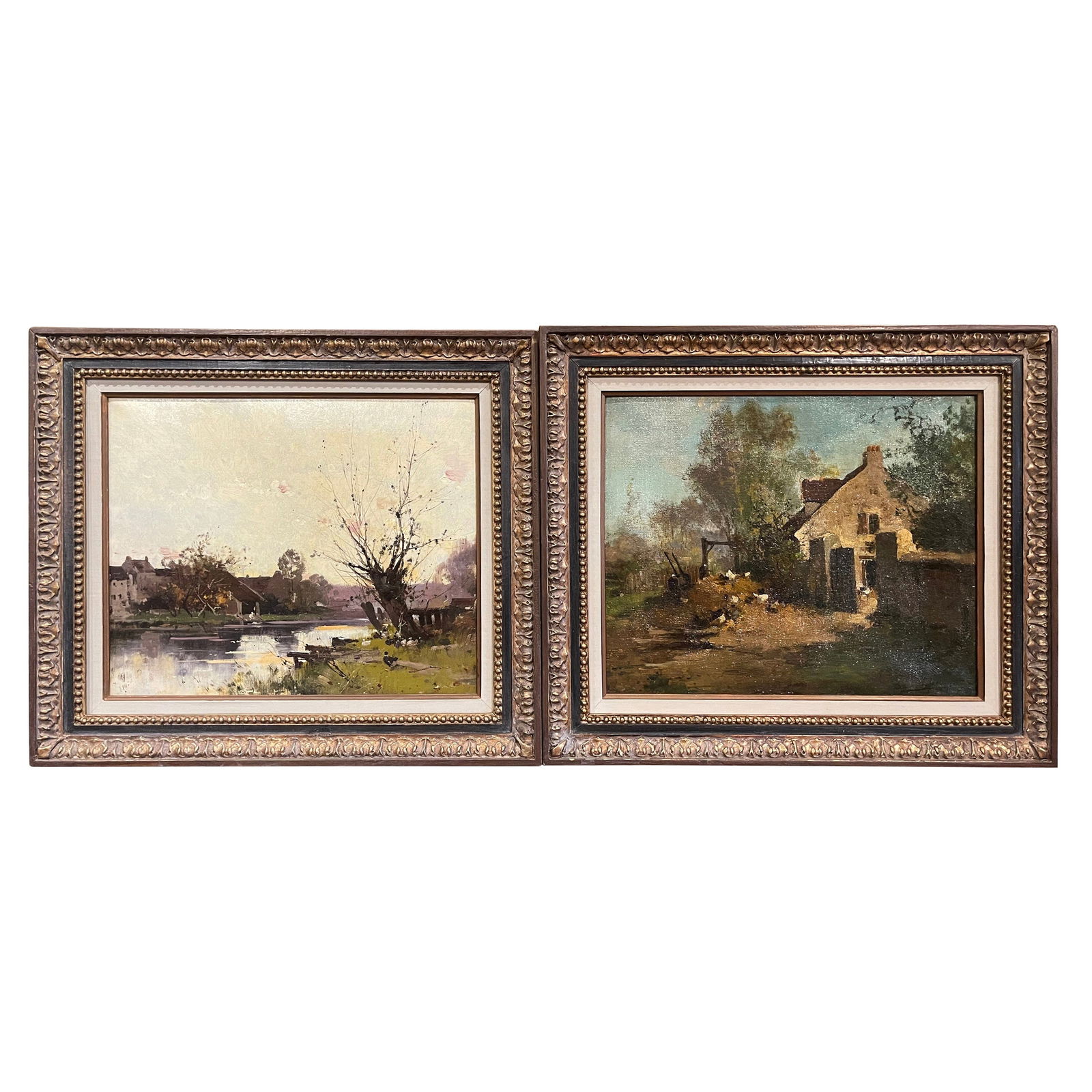 Antique Pair of 19th Century French Oil Paintings by Lievin Galien-Laloue: Antique Pair of 19th Century French Oil Paintings by Lievin Galien-Laloue This exquisite pair of late 19th-century French oil paintings offers a charming glimpse into rural life. Each hand-painted can