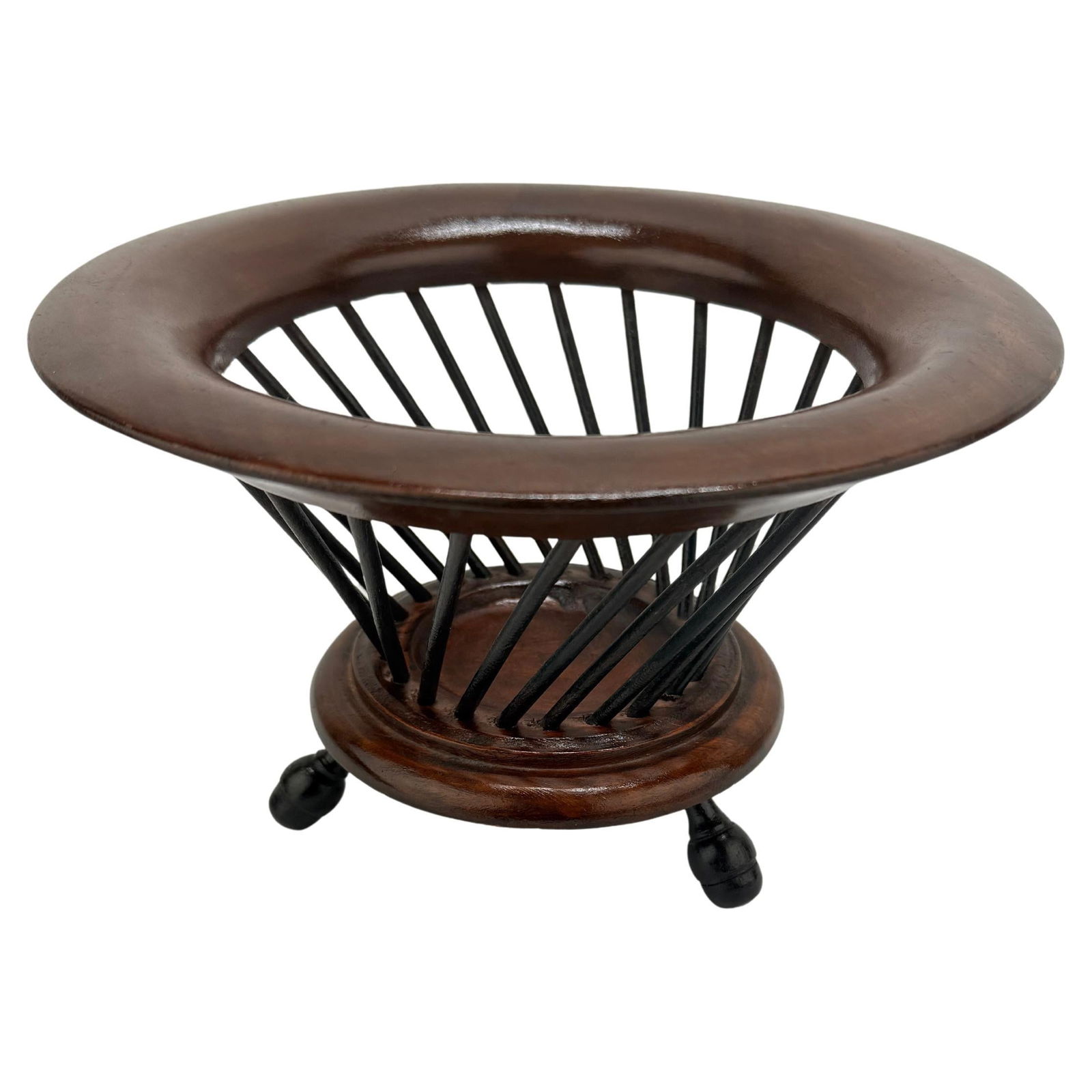 Antique Anglo-Indian Teak and Ebonized Wood Basket Circa 1890: Antique Anglo-Indian Teak and Ebonized Wood Basket Circa 1890 This exquisite late 19th-century Anglo-Indian turned basket showcases the remarkable craftsmanship of the period. Constructed from richly
