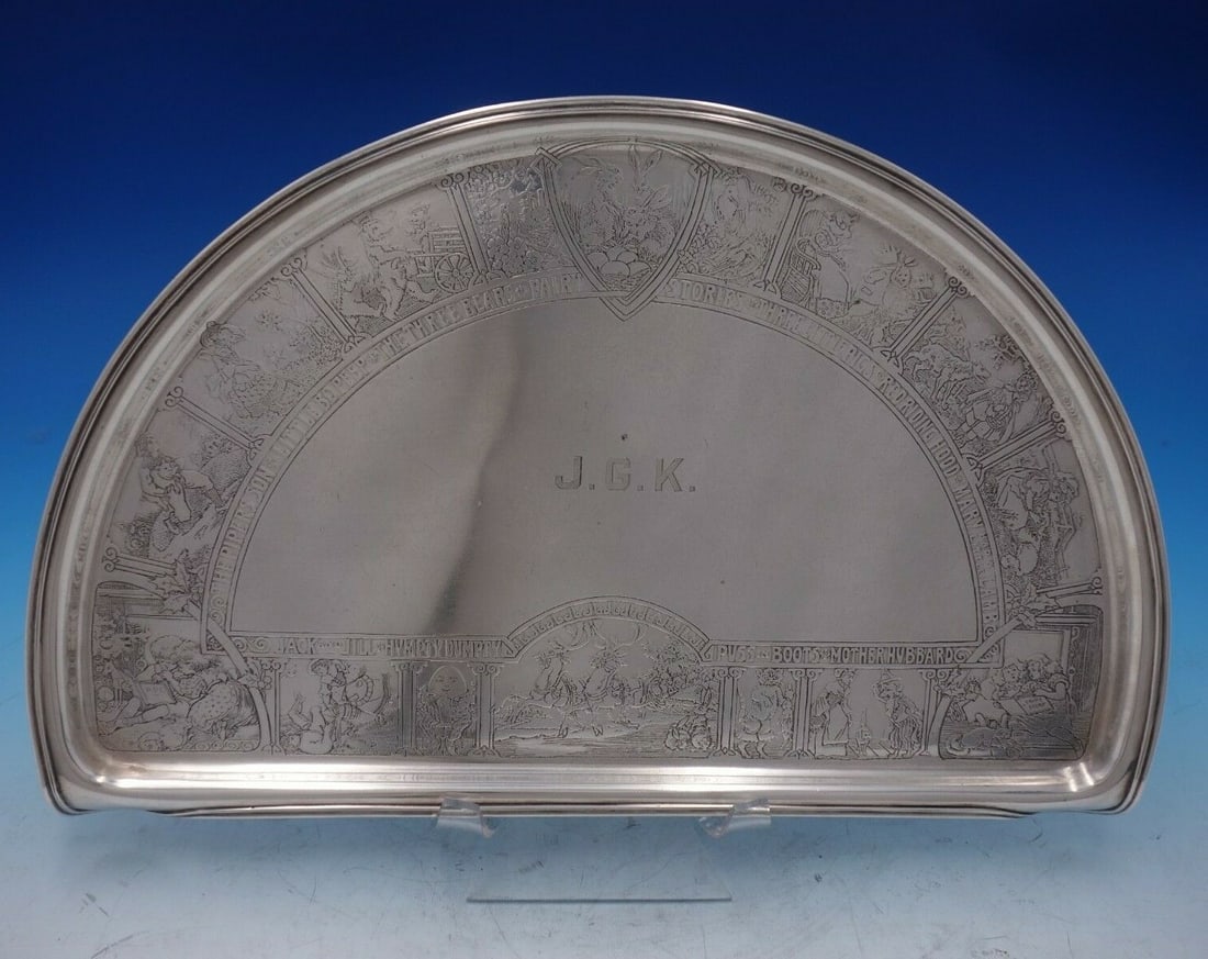 William Kerr Sterling Silver High Chair Tray Nursery Rhymes 1558: William Kerr Sterling Silver High Chair Tray Nursery Rhymes 1558 This exquisite high chair tray by William Kerr is crafted from sterling silver and features enchanting acid-etched nursery rhymes, incl