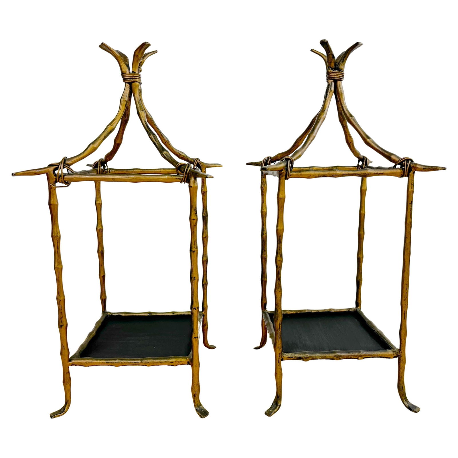 Set of 2 Faux Bamboo Gilt Pagoda Display Shelves Italy 1960s: Set of 2 Faux Bamboo Gilt Pagoda Display Shelves Italy 1960s This exquisite pair of faux bamboo gilt pagoda display shelves, crafted in Italy circa the 1960s, embodies the elegance of Hollywood Regenc