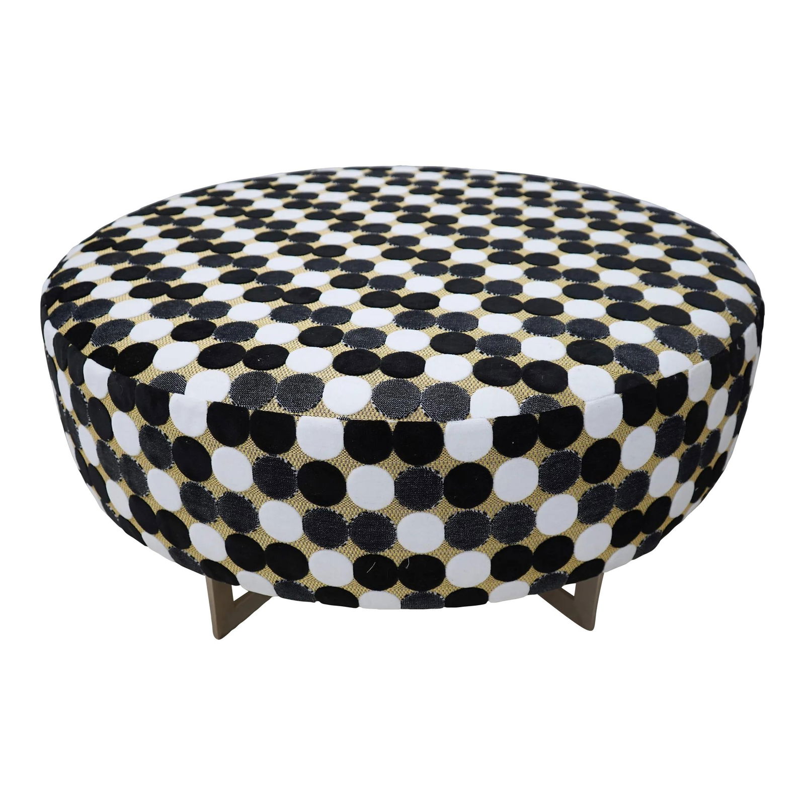 Mid Century Modern Round Ottoman with Steel Base Polka Dot Upholstery (1 of 8)