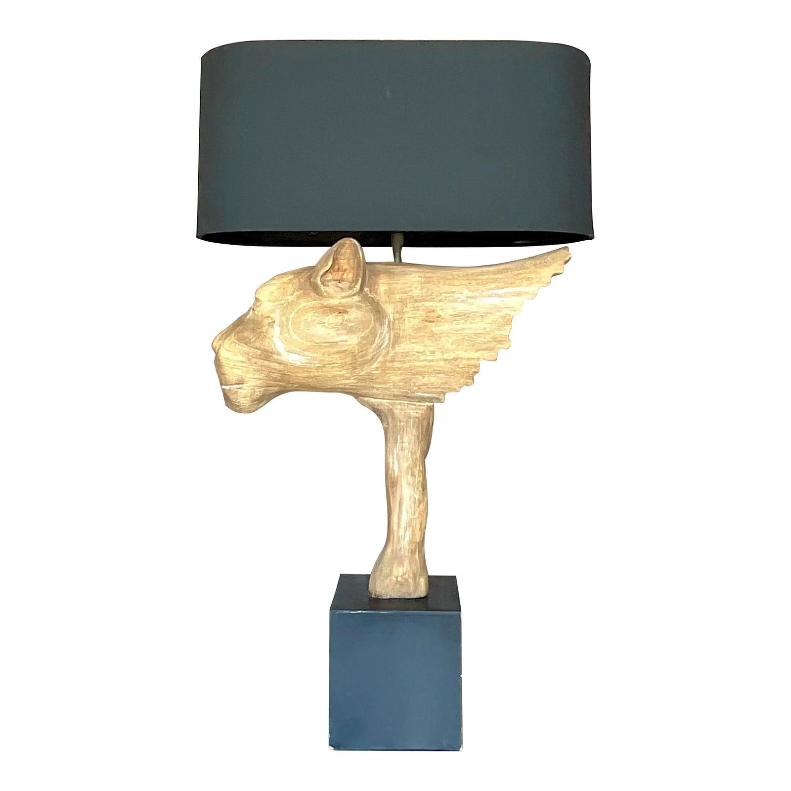 Vintage Boho Table Lamp Cerused Wood Winged Lion's Head: Vintage Boho Table Lamp Cerused Wood Winged Lion's Head Illuminate your space with this stunning vintage Boho table lamp featuring a unique cerused wood finish. The lamp showcases a striking winged li