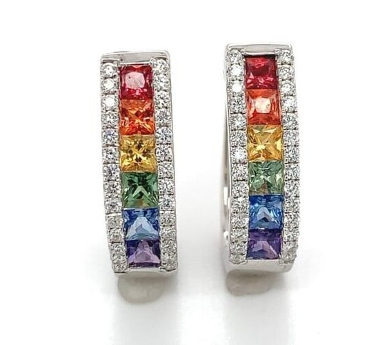 14k White Gold Rainbow Sapphire Diamond Hoop Earrings GIA Certified: 14k White Gold Rainbow Sapphire Diamond Hoop Earrings GIA Certified Adorn your ears with these exquisite 14k Gold Genuine Natural Rainbow Sapphire and Diamond Oval Hoop Earrings. Crafted from high-qua