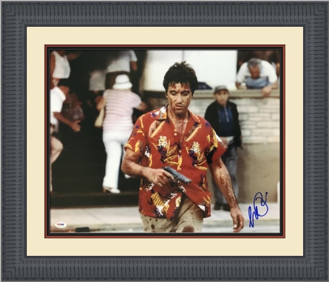 Al Pacino Scarface Autographed Photo Custom Framed PSA/DNA: Al Pacino Scarface Autographed Photo Custom Framed PSA/DNA Capture a piece of cinematic history with this autographed photograph of Al Pacino from the iconic movie Scarface. This original piece is cus