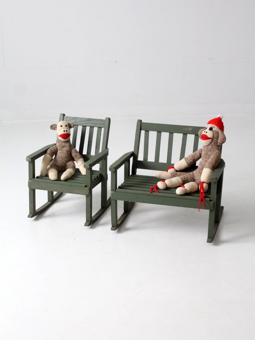 Vintage Sage Green Wood Rocking Chair and Loveseat Set for Kids (1 of 14)