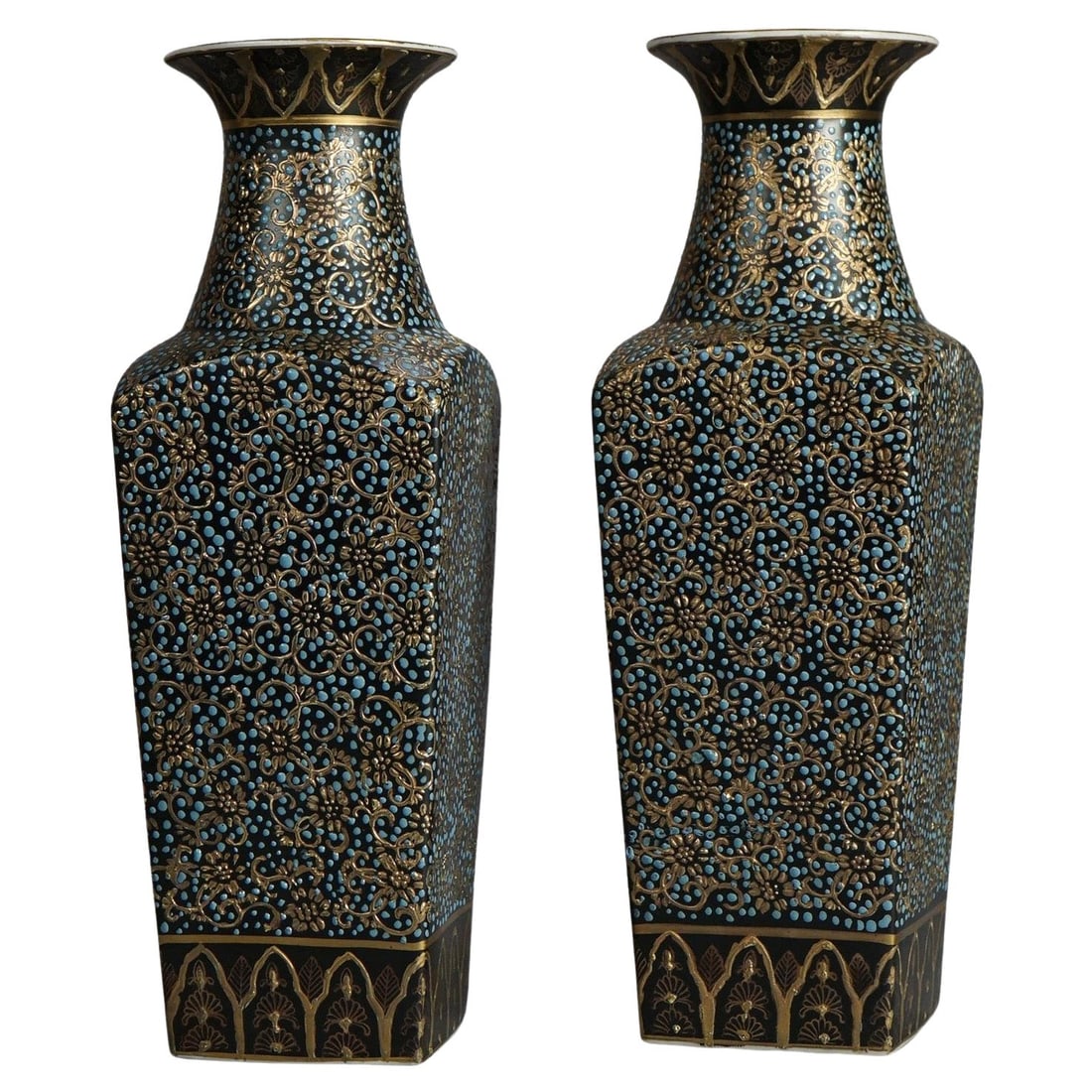 Set of 2 Tall Chinese Gilt Floral Porcelain Vases Stamped 20th Century (1 of 8)