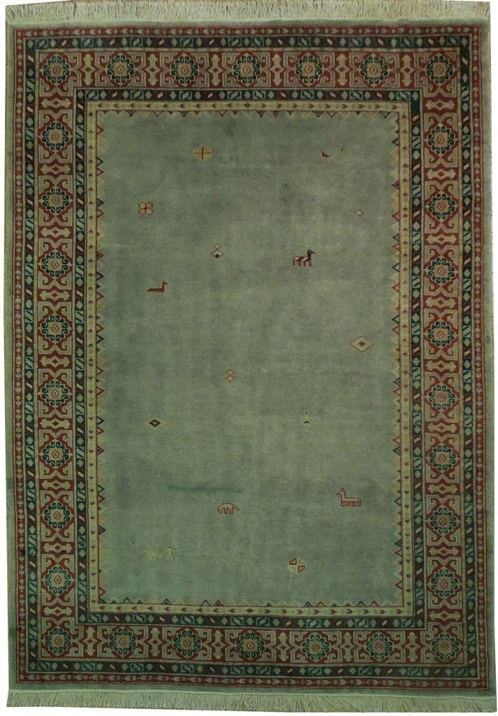 Sage Green Transitional Gabbeh Rug 6'3 x 8'10 Handmade: Sage Green Transitional Gabbeh Rug 6'3 x 8'10 Handmade Free continental US Shipping Enhance your living space with this stunning 6.3 x 8.10 Sage Green Transitional GABBEH Rug. Featuring bold geometric