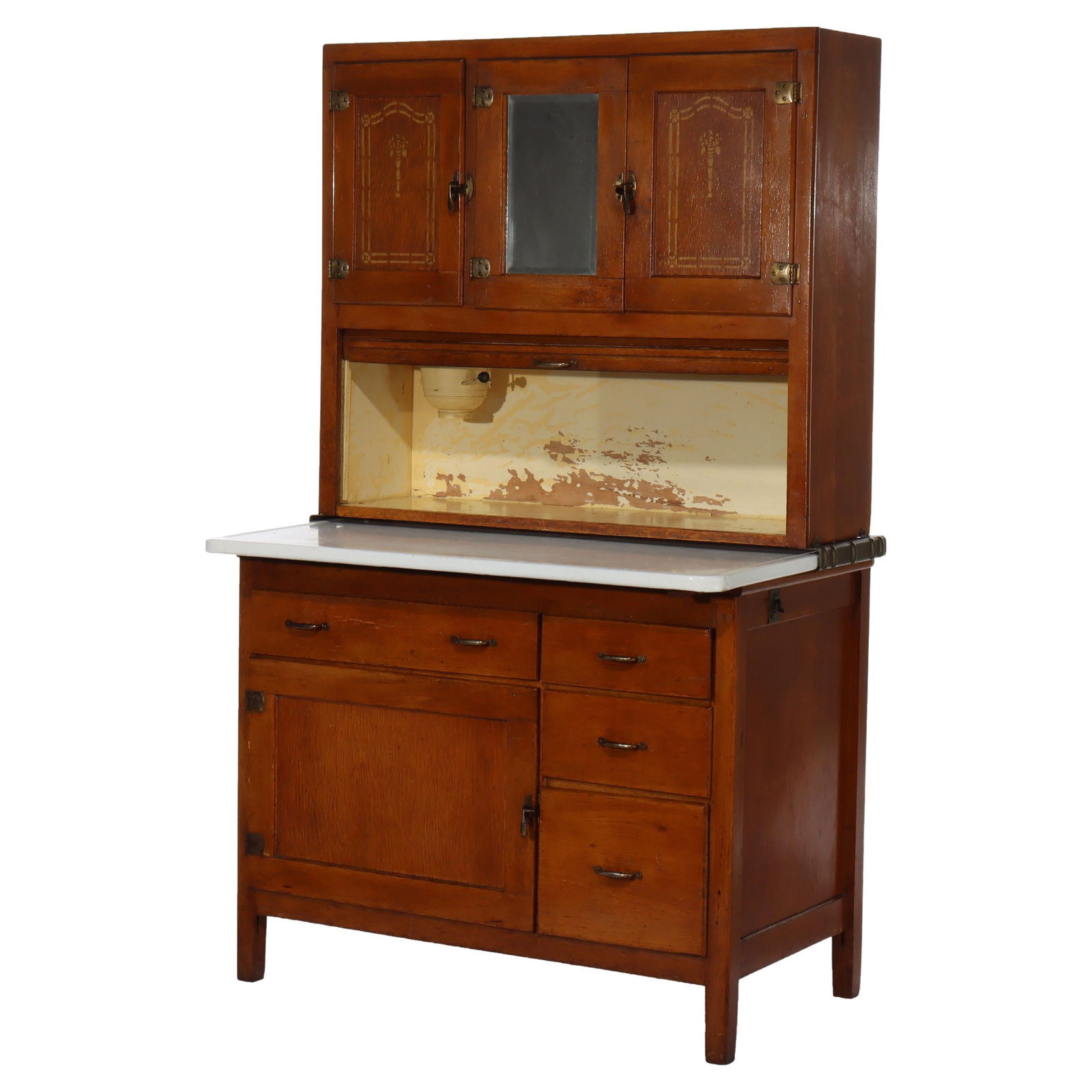 Circa 1920 Antique Hoosier Oak Cabinet with Porcelain Top and Mirror (1 of 13)