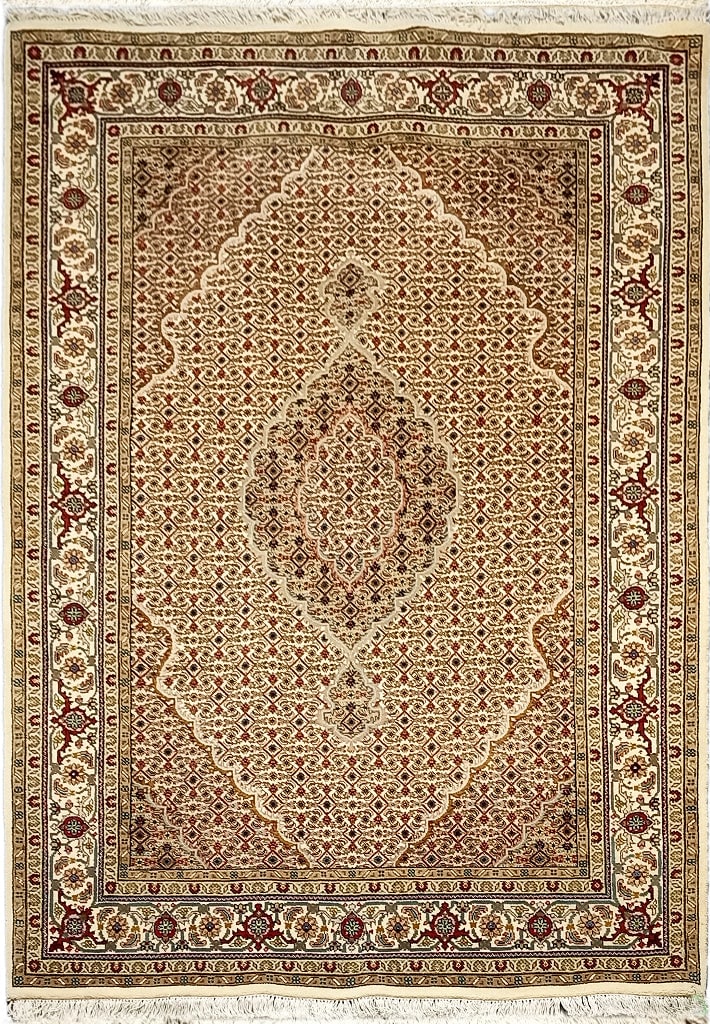 Handmade 4.9 x 7.0 Mahi Tabriz Wool Silk Rug Vintage Charm: Handmade 4.9 x 7.0 Mahi Tabriz Wool Silk Rug Vintage Charm Free continental US Shipping Transform your living space with this exquisite 4.9' x 7.0' Handmade Rug, expertly crafted from a luxurious blen