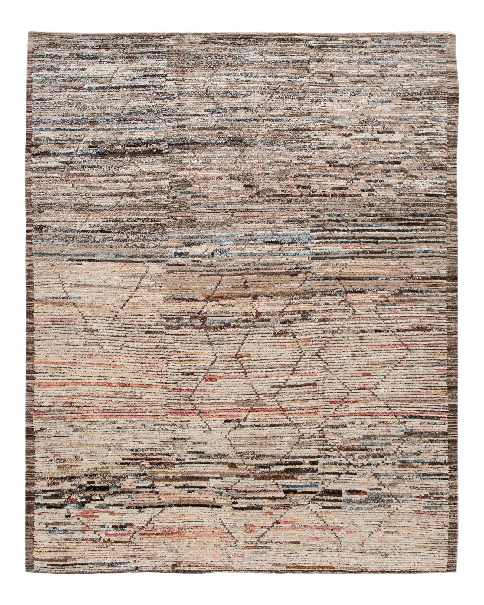 Modern Moroccan Hand-Knotted Wool Rug 9'4 x 11'9 Ivory Geometric Design: Modern Moroccan Hand-Knotted Wool Rug 9'4 x 11'9 Ivory Geometric Design Elevate your living space with this exquisite Moroccan-style hand-knotted wool rug, featuring a soft ivory field adorned with an