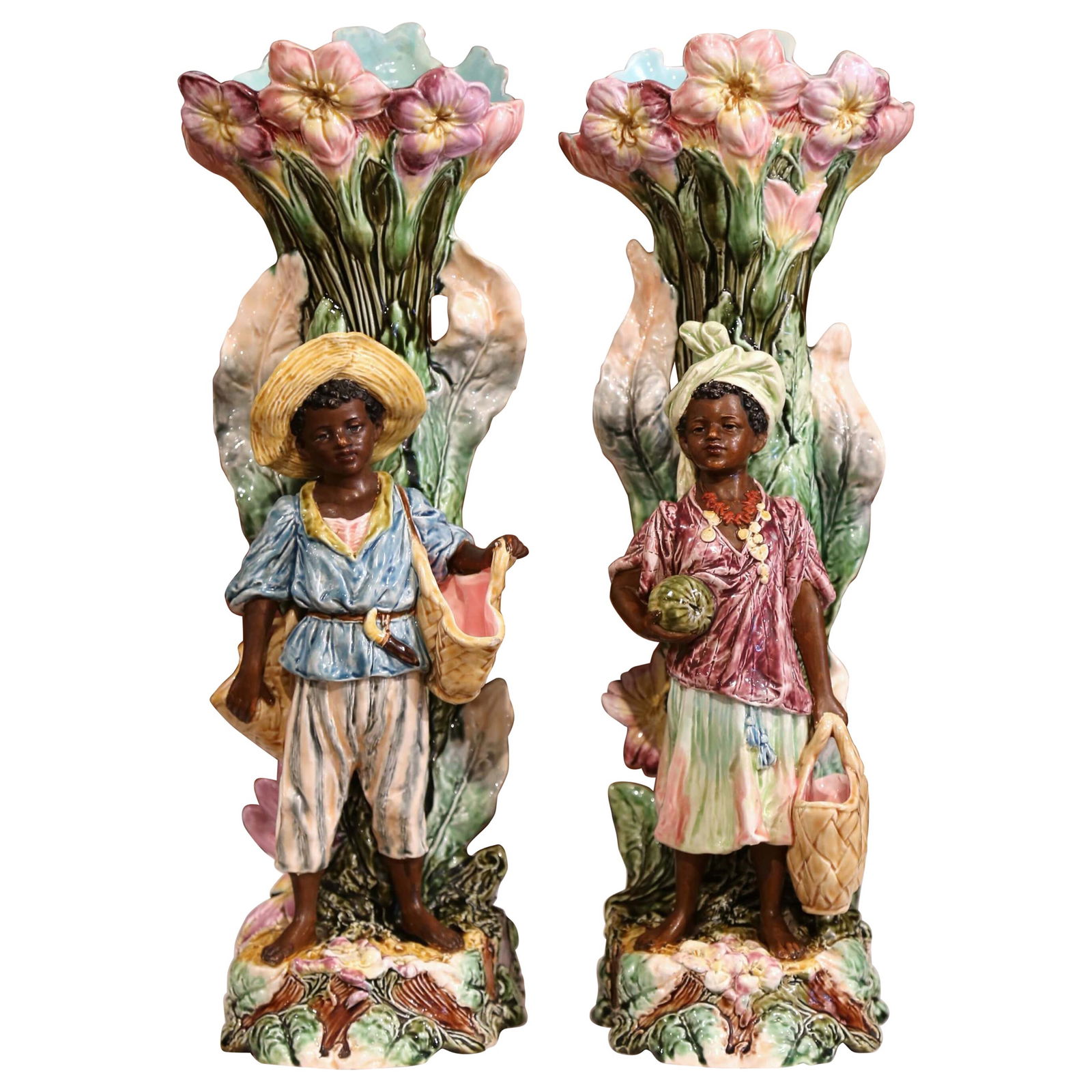 Antique Pair of 19th Century French Hand Painted Majolica Vases: Antique Pair of 19th Century French Hand Painted Majolica Vases This exquisite pair of 19th-century French hand-painted ceramic barbotine vases showcases the elegance of Rococo style. Crafted around 1