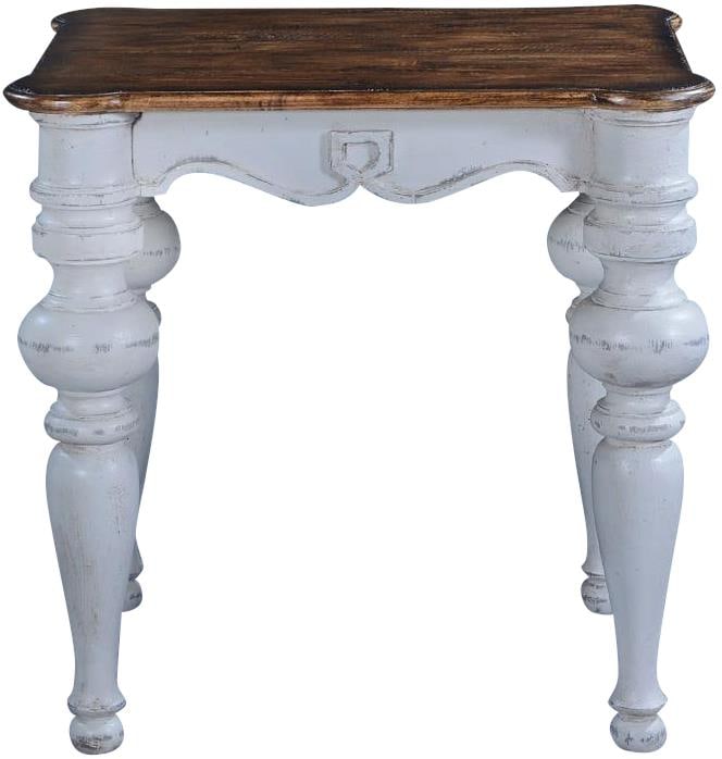 Portico Solid Wood End Table White Rustic Pecan Top: Portico Solid Wood End Table White Rustic Pecan Top Introducing the Old World Rectangular Solid Wood End Table, a stunning piece designed in an antique or vintage style. This new item features a charm