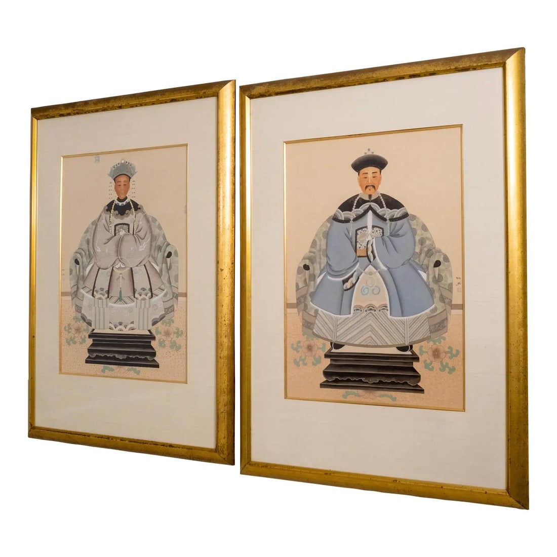 Antique Pair Chinese Ancestral Portraits on Silk in Gold Frames: Antique Pair Chinese Ancestral Portraits on Silk in Gold Frames This exquisite pair of vintage Chinese ancestral portraits showcases intricate watercolor paintings on silk, beautifully framed in distr