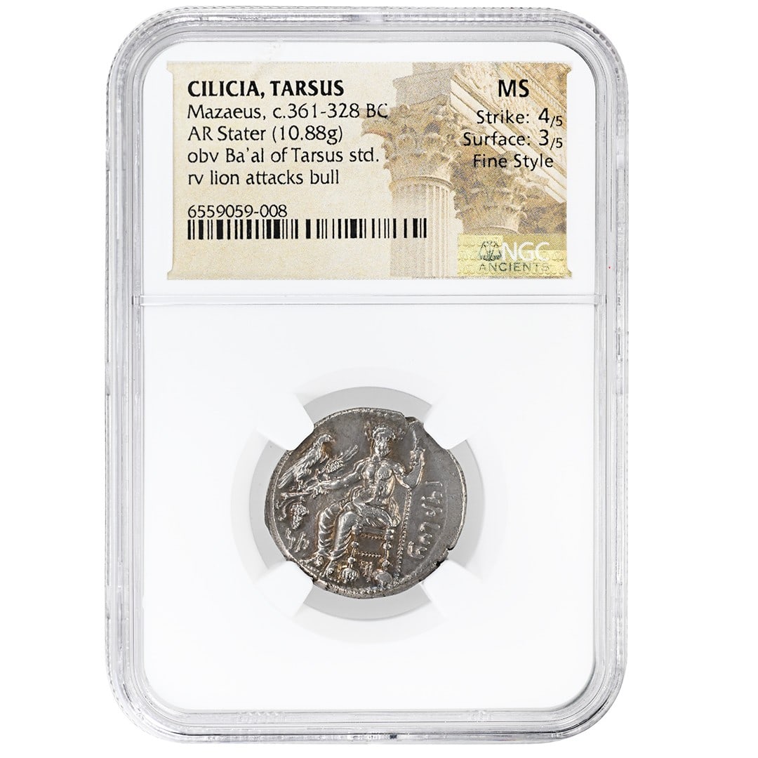 Silver Stater from Cilicia Tarsus Mazaeus NGC MS Certified Ancient Coin: Silver Stater from Cilicia Tarsus Mazaeus NGC MS Certified Ancient Coin This Cilicia Tarsus AR Stater silver coin dates from the reign of Mazaeus, circa 361-328 BC. The coin is graded MS (Mint State)