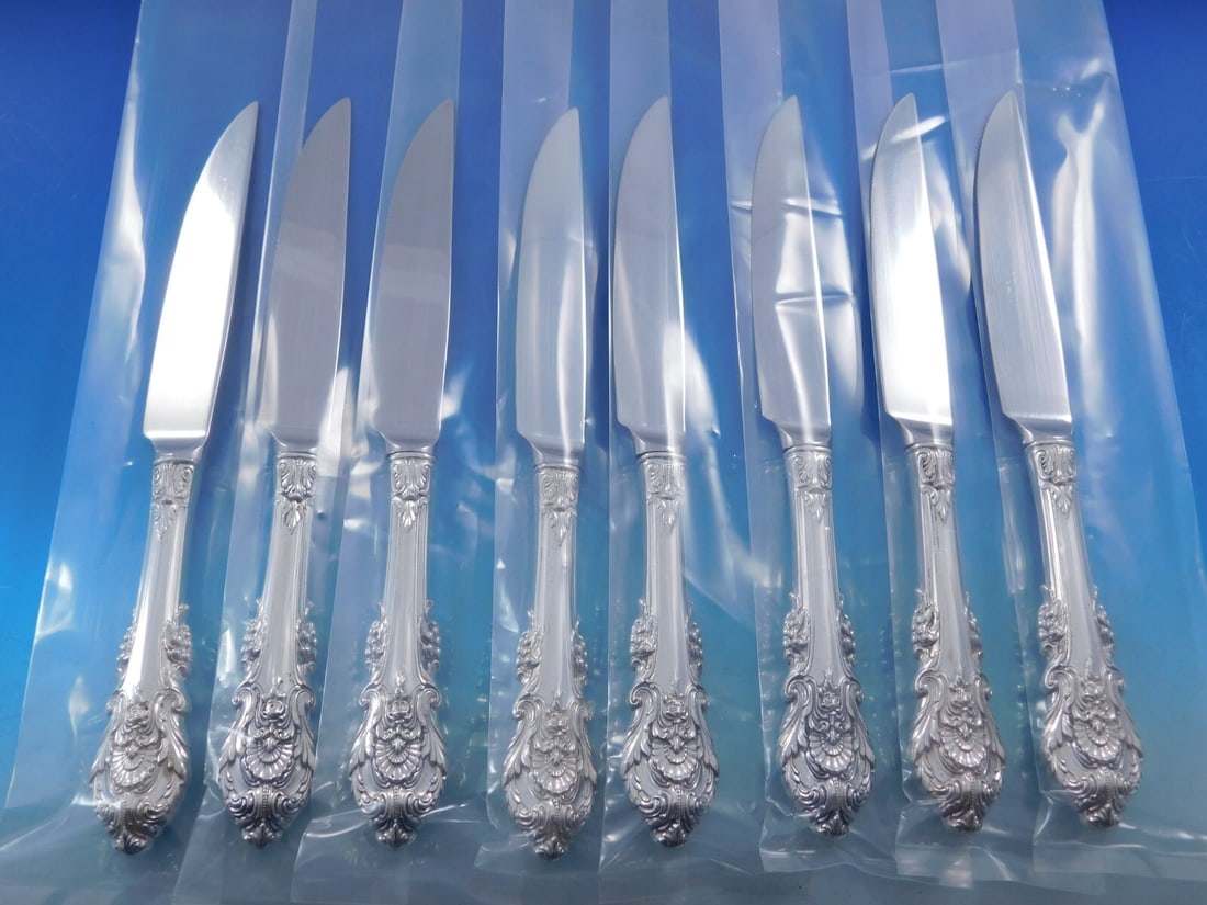 Wallace Sir Christopher Sterling Silver Steak Knife Set of 8 8 3/4": Wallace Sir Christopher Sterling Silver Steak Knife Set of 8 8 3/4" Elevate your dining experience with this exquisite set of eight Sir Christopher steak knives by Wallace. Each knife features a sterl