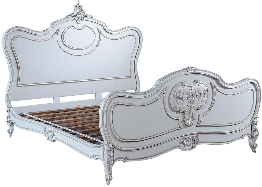 Louis XV Hand-Carved King Size Bed in Old Lace White: Louis XV Hand-Carved King Size Bed in Old Lace White Introducing the Elegant Hand-Carved Louis XV King Size Bed, a stunning fusion of luxury and craftsmanship. This exquisite piece is designed in the