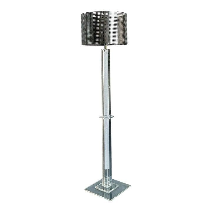 Space Age Lucite Pillar Floor Lamp With Grid Pattern Metal Drum Shade (1 of 7)