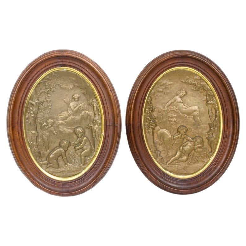 Set of 2 Neoclassical Patinated Bronze Bas Relief Allegorical Wall Plaques (1 of 5)