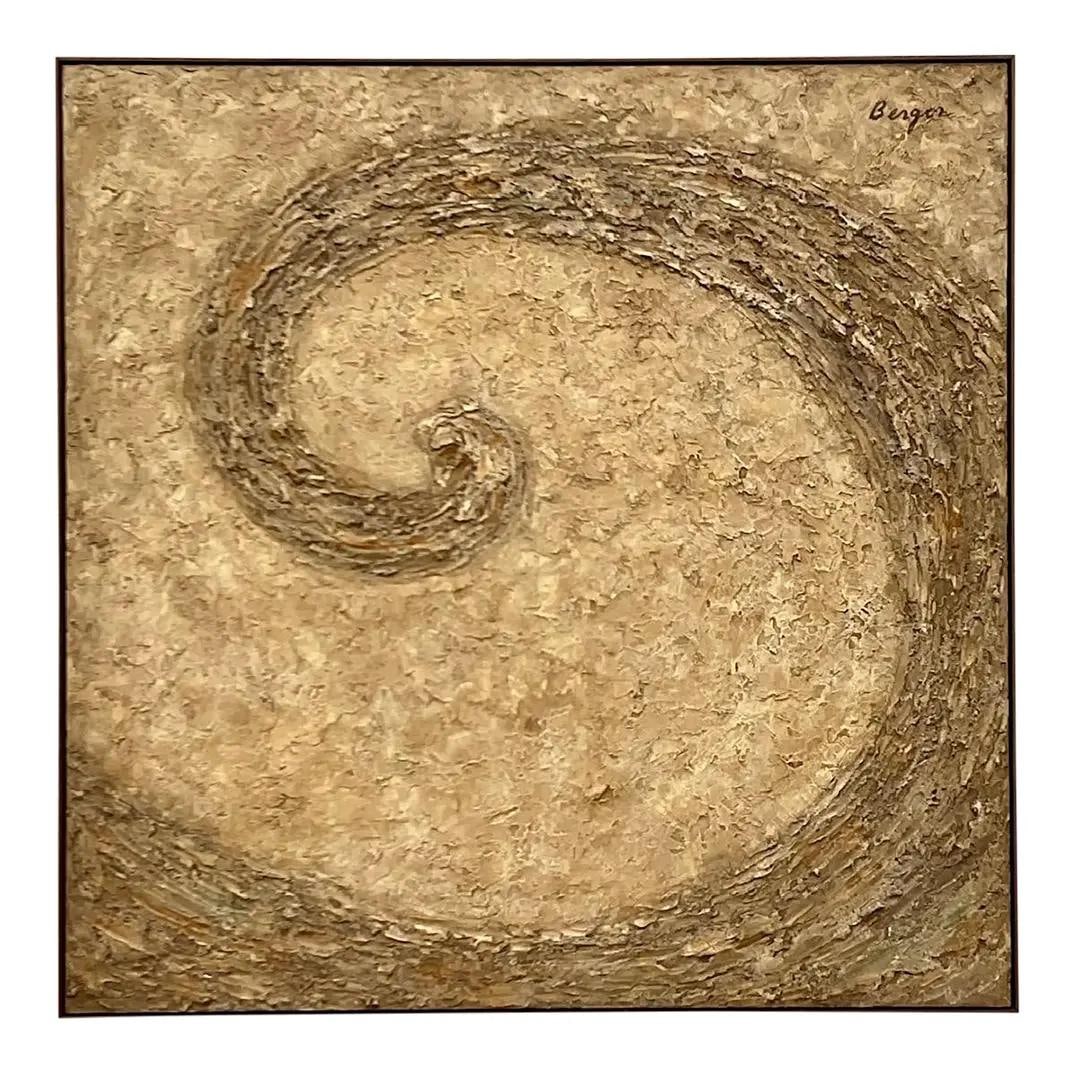 Large Abstract Swirl Artwork Signed Berger in Earthy Boho Style: Large Abstract Swirl Artwork Signed Berger in Earthy Boho Style This vintage boho abstract swirl painting, signed by the artist Berger, features a monumental size and a distinctive swirling pattern in