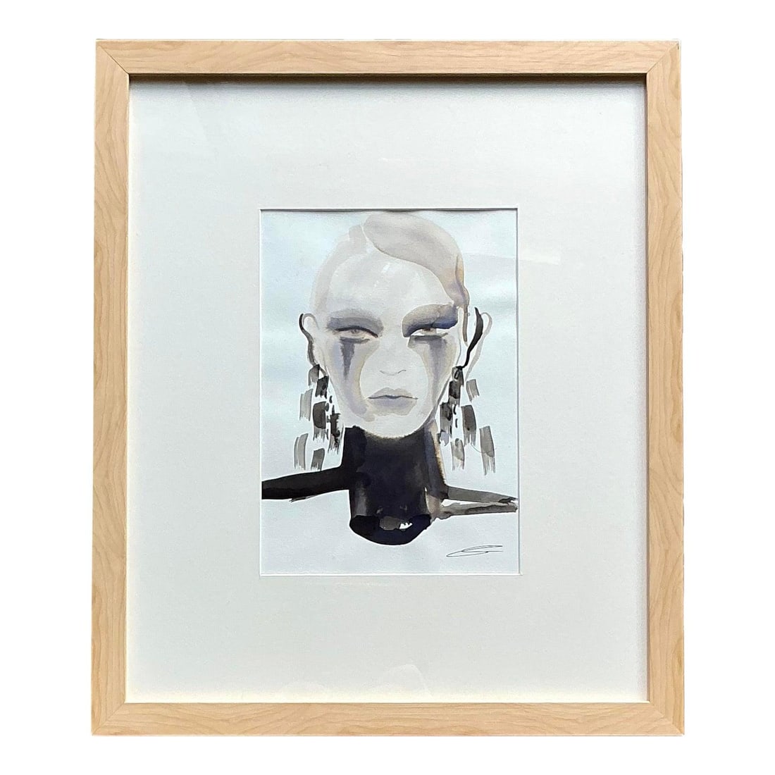 Framed Vintage Watercolor Abstract Female Portrait with Blue Eye Accents: Framed Vintage Watercolor Abstract Female Portrait with Blue Eye Accents This vintage original abstract watercolor portrait features a stylized female subject depicted in shades of black, white, and g