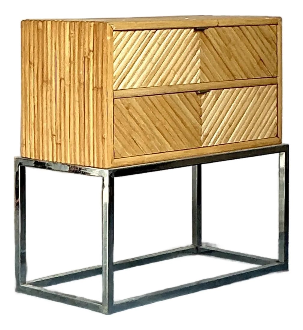 Chevron Pattern Split Bamboo Console on Metal Frame Mid-Century Style: Chevron Pattern Split Bamboo Console on Metal Frame Mid-Century Style This vintage Boho chest of drawers features a classic Mid-Century tropical aesthetic with a bold chevron pattern crafted from spli