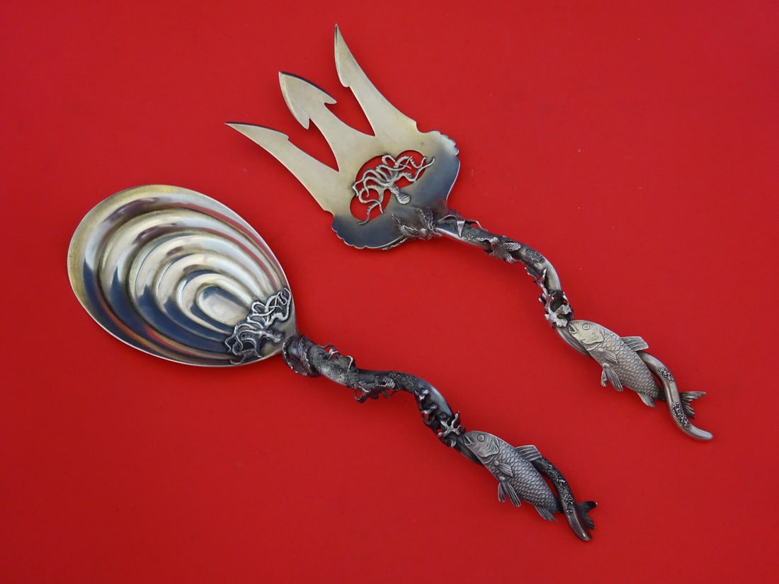 Shiebler Narragansett Sterling Silver Salad Serving Set 2-Piece Sea Motif: Shiebler Narragansett Sterling Silver Salad Serving Set 2-Piece Sea Motif Discover the exquisite Narragansett Sterling Silver Salad Serving Set by Shiebler, crafted between 1850 and 1899. This two-pie