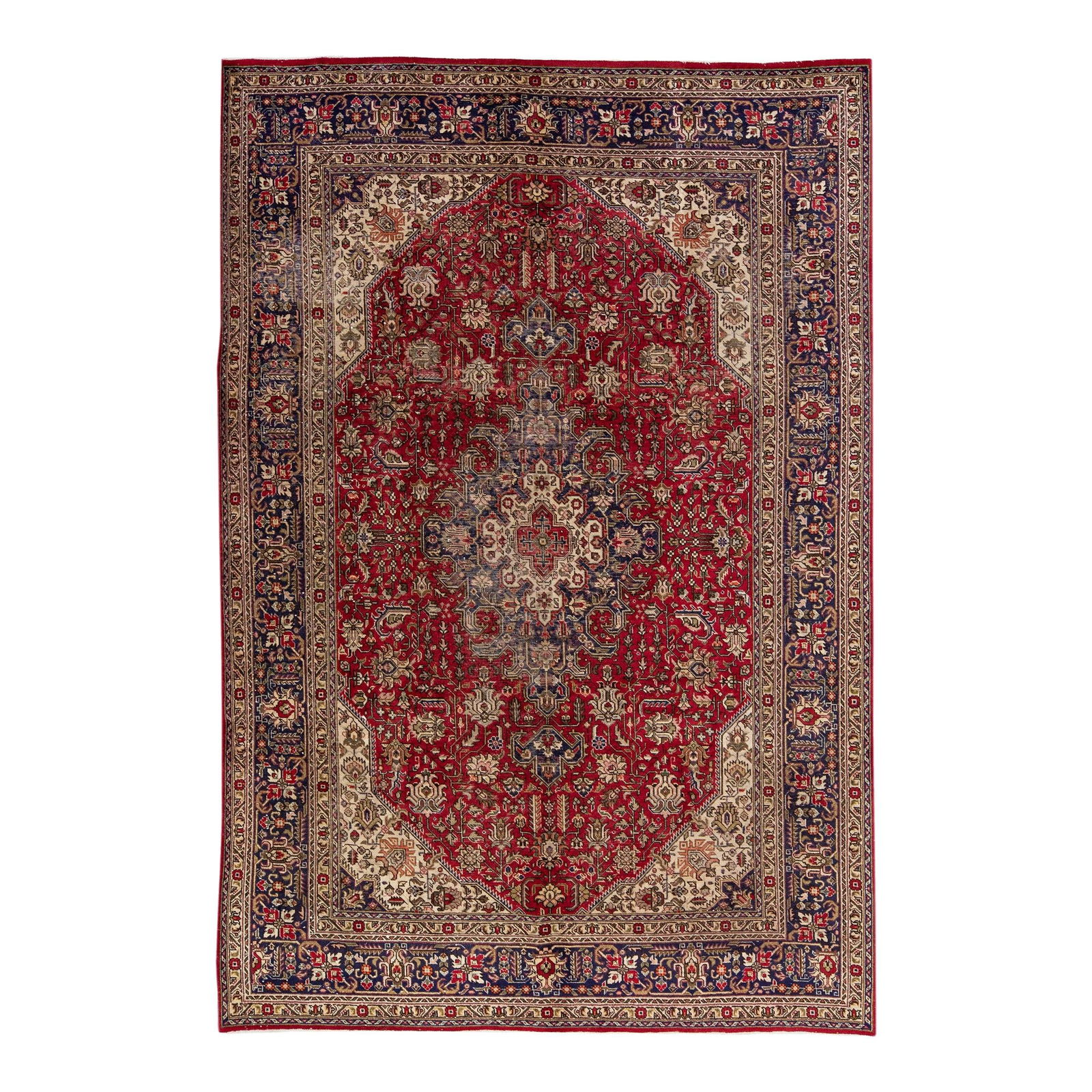 1960s Persian Tabriz Handmade Wool Rug 6'5 x 9'8 Geometric Medallion: 1960s Persian Tabriz Handmade Wool Rug 6'5 x 9'8 Geometric Medallion Experience the elegance of this vintage Persian Tabriz handmade rug, crafted with care in the 1960s. The rug features a rich brown