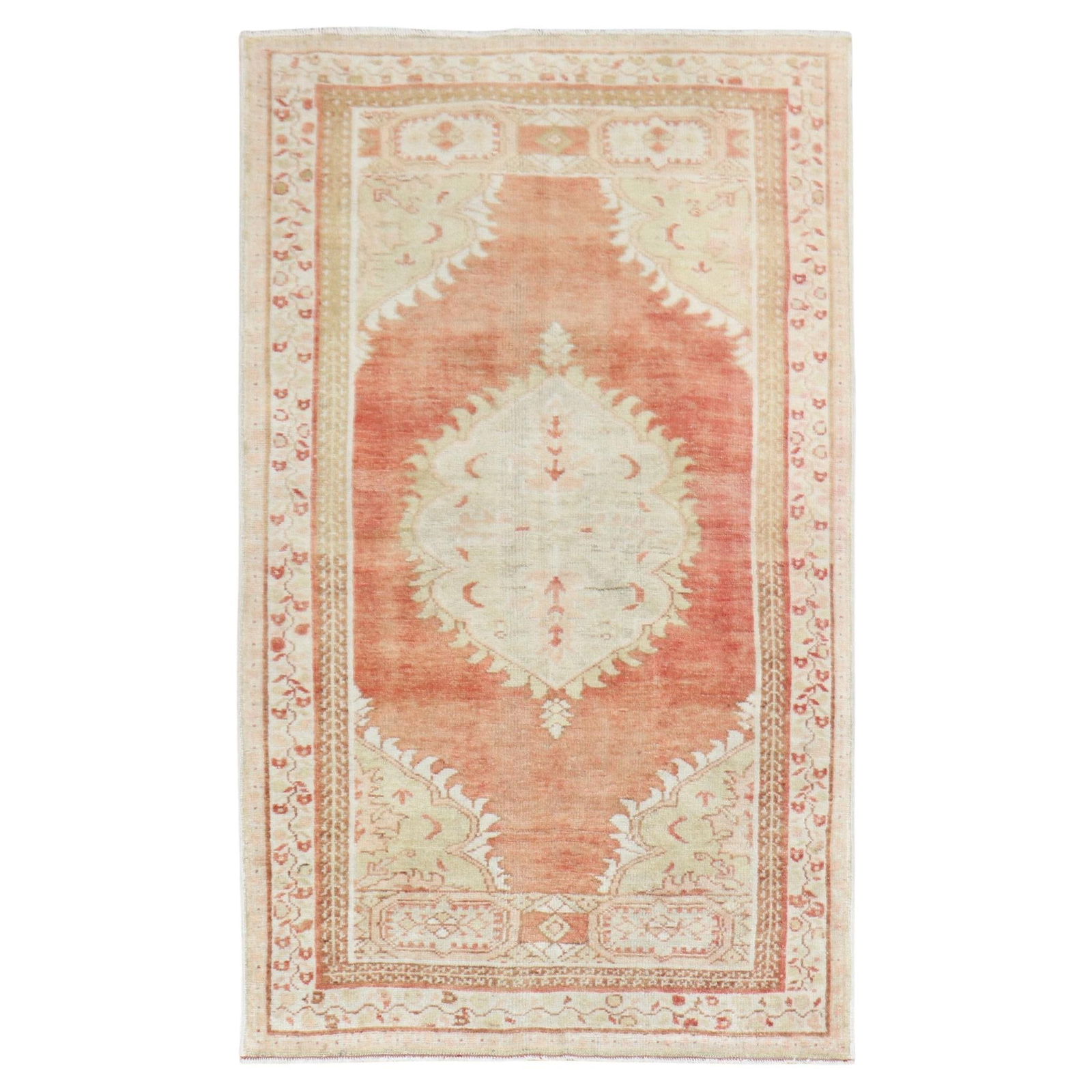 Soft Red Oushak Turkish Rug 3'1 x 5' Hand-Woven Wool Vintage: Soft Red Oushak Turkish Rug 3'1 x 5' Hand-Woven Wool Vintage Experience the timeless elegance of the Zabihi Collection Soft Red Vintage Turkish Rug. This beautifully crafted Oushak-style rug is hand-w