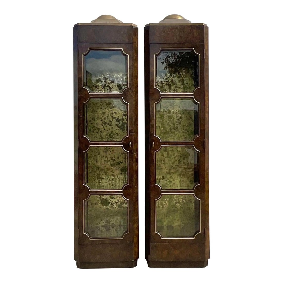 Vintage Boho Burl Wood Etagere Pair Octagon Mastercraft Style: Vintage Boho Burl Wood Etagere Pair Octagon Mastercraft Style This exquisite pair of vintage Boho etageres showcases a stylish octagon-shaped design reminiscent of the renowned Mastercraft group. Each