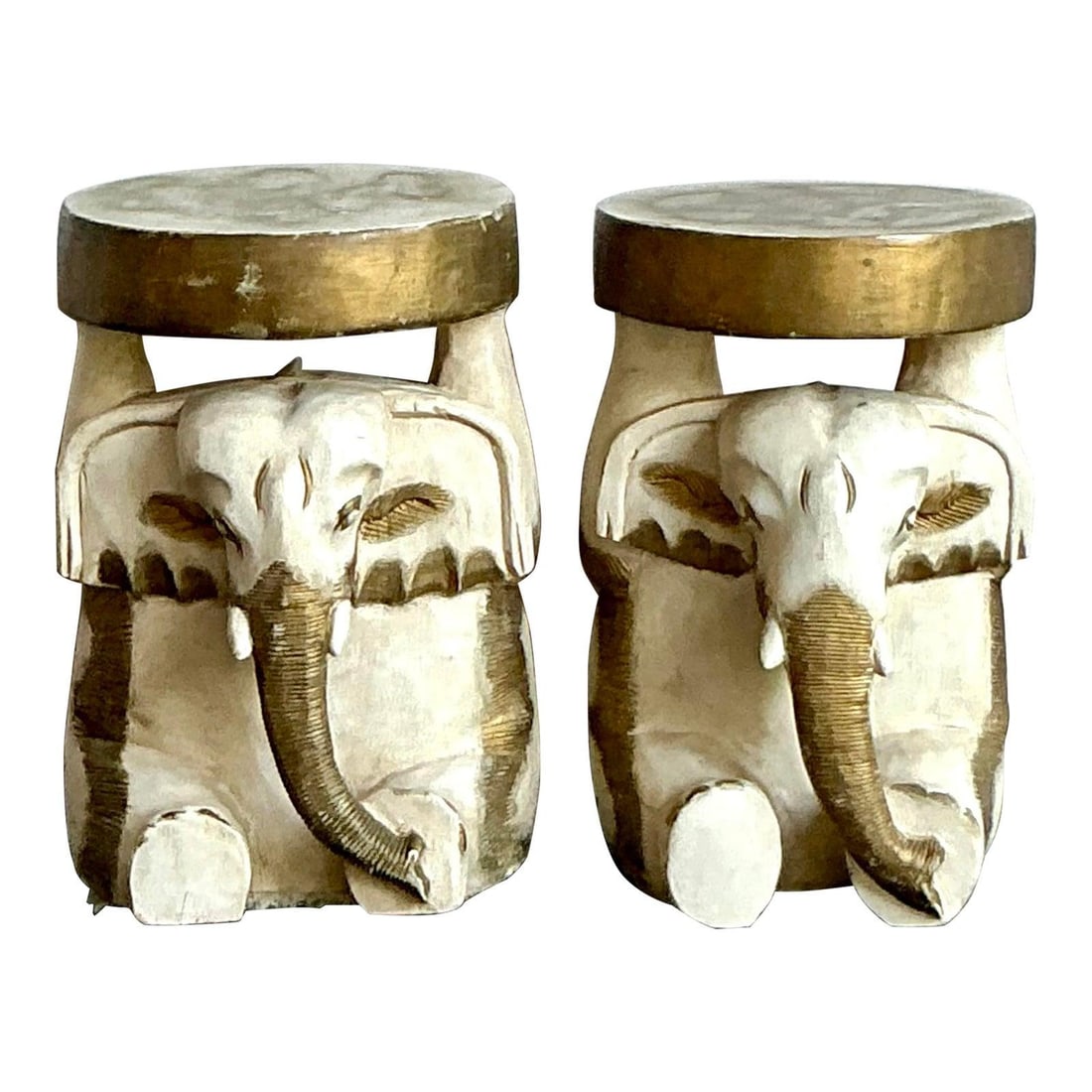 Pair of Vintage Carved Wood Elephant Boho Low Stools with Gold Tops (1 of 9)
