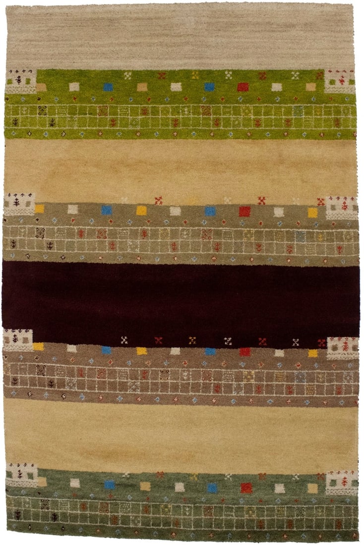 5'5 x 8'4 Wool Area Rug Modern Striped Indo-Gabbeh Handmade Carpet: 5'5 x 8'4 Wool Area Rug Modern Striped Indo-Gabbeh Handmade Carpet This handmade Indo-Gabbeh Oriental area rug features a vibrant multicolored striped pattern with shades including wine red, beige, ap